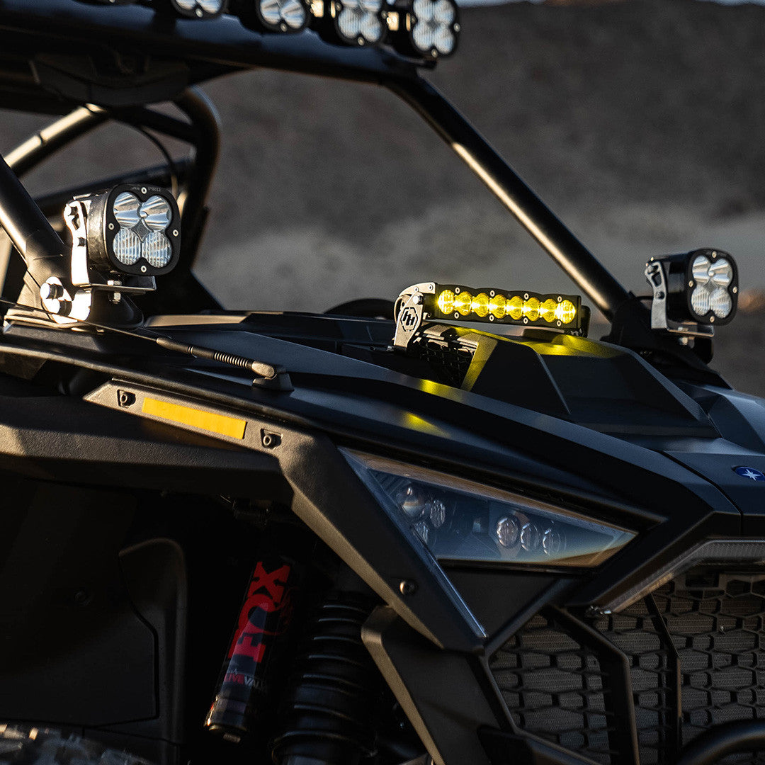Baja Designs 2022-2024 Polaris RZR Pro R Hood Mounted S8 10" Light Bar Kit Display on Vehicle 