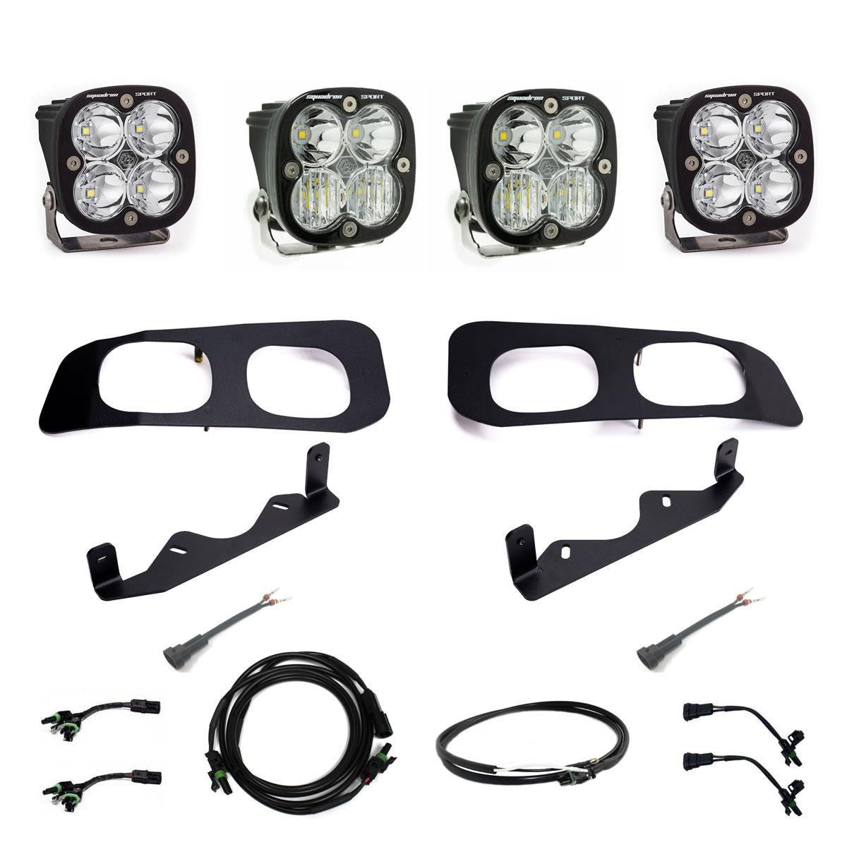 '23+ F250/F350 Squadron Sport "Sportsmen" Dual Fog Pocket Light Kit Display of Included Parts 
