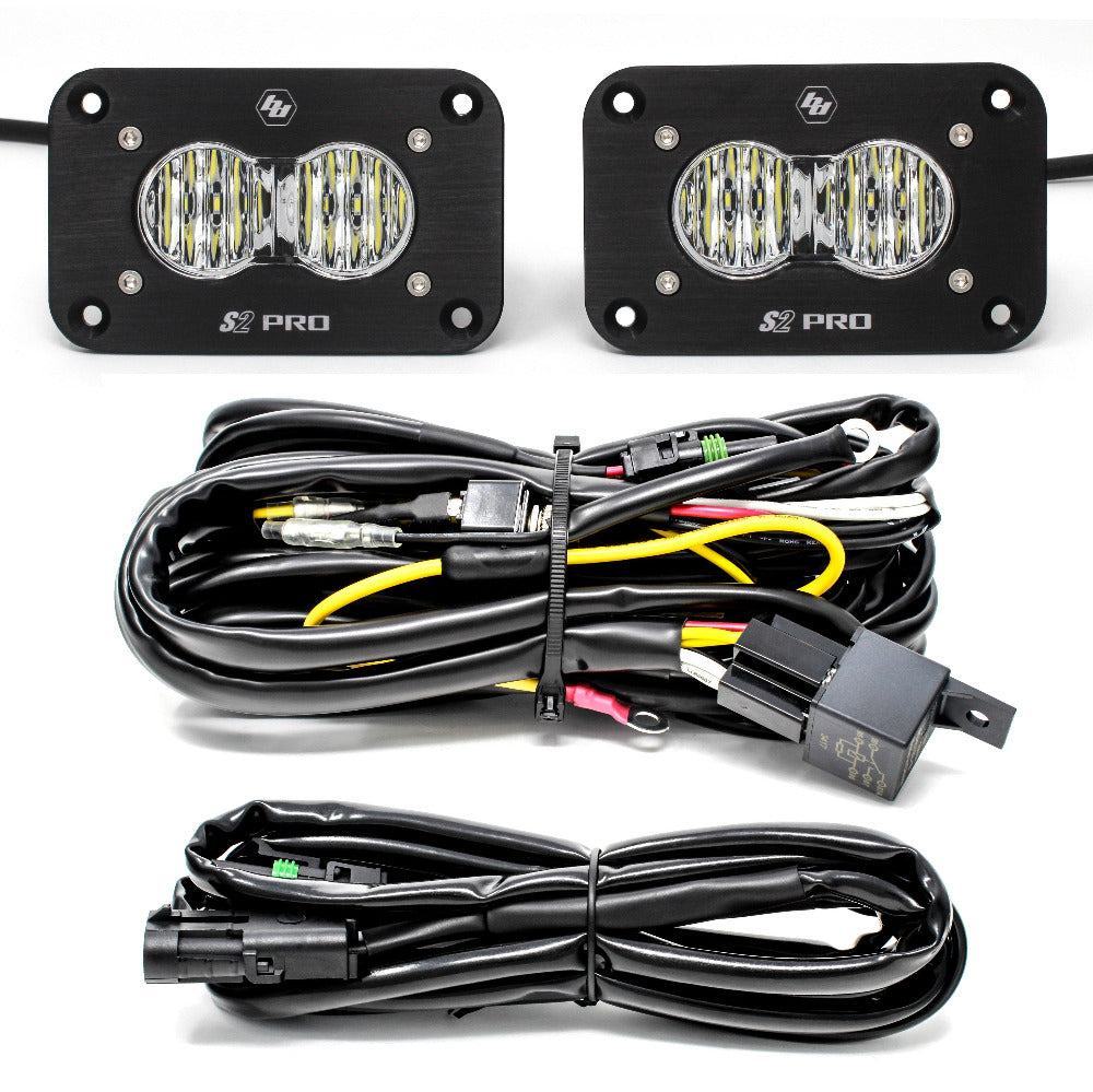 S2 Pro Flush Mount Backup LED Light Kit Lighting Baja Designs Wide Cornering Display of Included Parts 